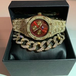14k Gold/Red IWC Style Watch Set Iced